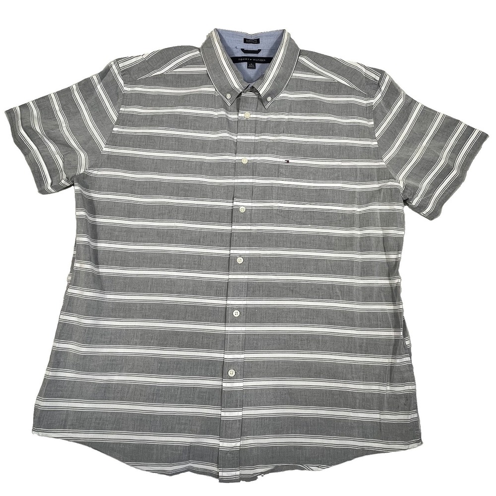 Tommy Hilfiger Men's XL Gray White Striped Classic Fit Cotton Button Down Pocket